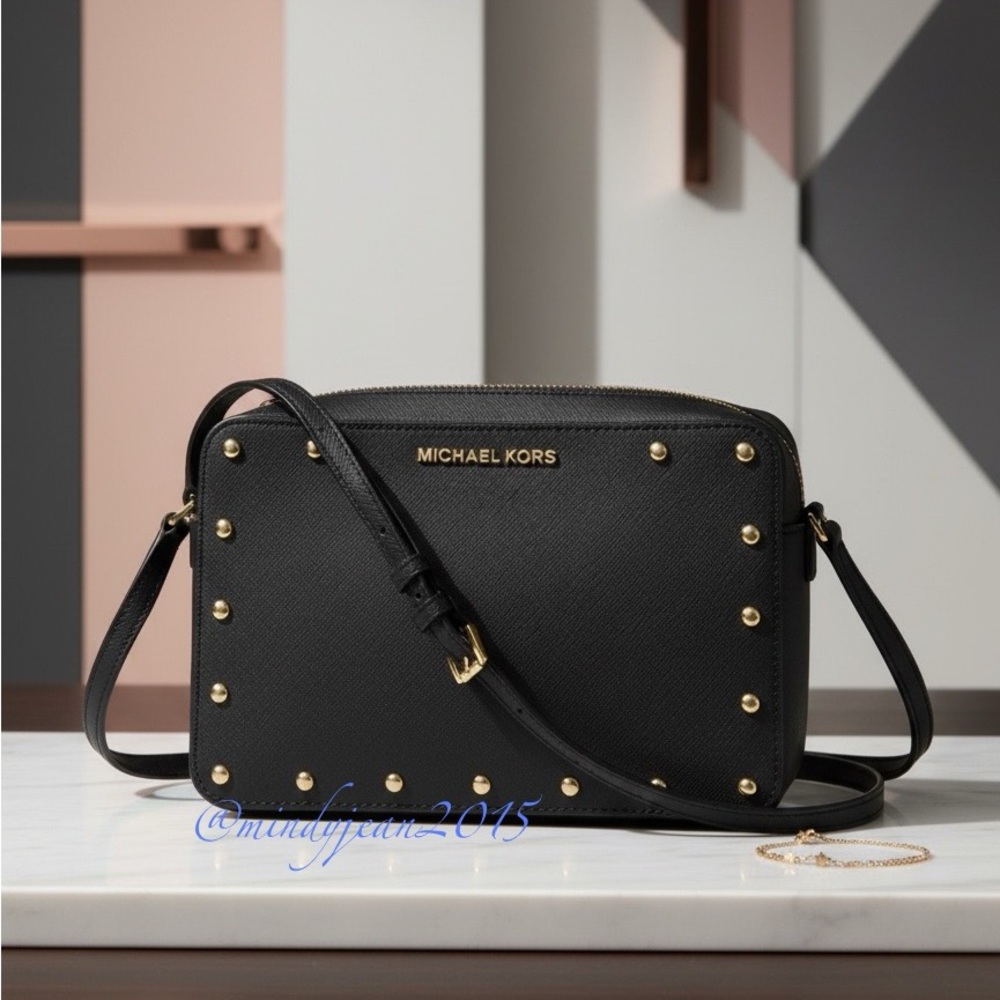 Michael Kors Black “Sandrine Stud” Crossbody with Gold accent